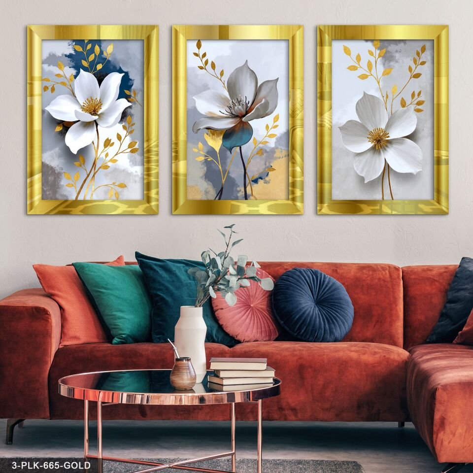 Gold Yapraklı Beyaz Çiçek 3 Parça Pleksi Aynalı Tablo 60 x 80 CM - Gold