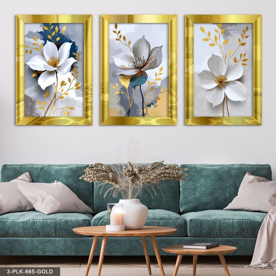 Gold Yapraklı Beyaz Çiçek 3 Parça Pleksi Aynalı Tablo 60 x 80 CM - Gold