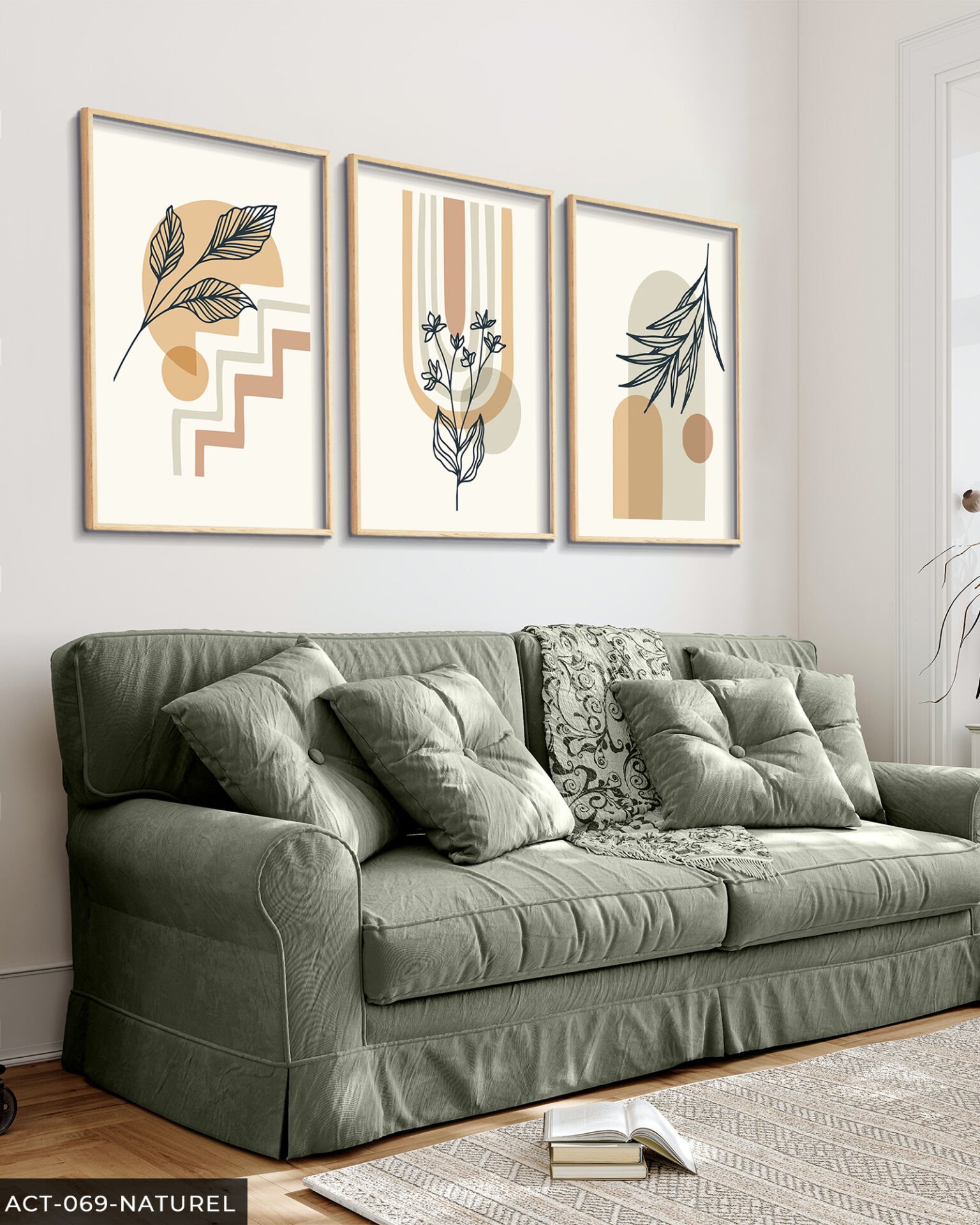 Soyut Çiçek 3 Parça Ahşap Çerçeveli Tablo Naturel - 30 x 40 CM