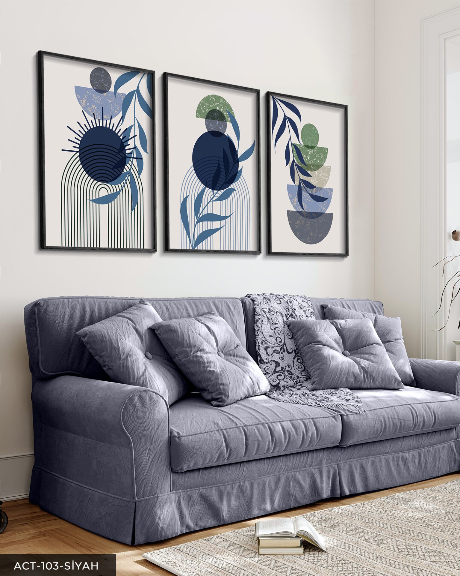 Minimalist Boho Tarzı Yaprak 3 Parça Ahşap Çerçeveli Tablo ACT Siyah - 40 x 60 CM
