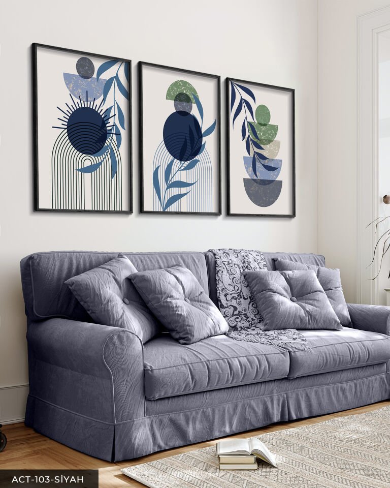 Minimalist Boho Tarzı Yaprak 3 Parça Ahşap Çerçeveli Tablo ACT Siyah - 40 x 60 CM