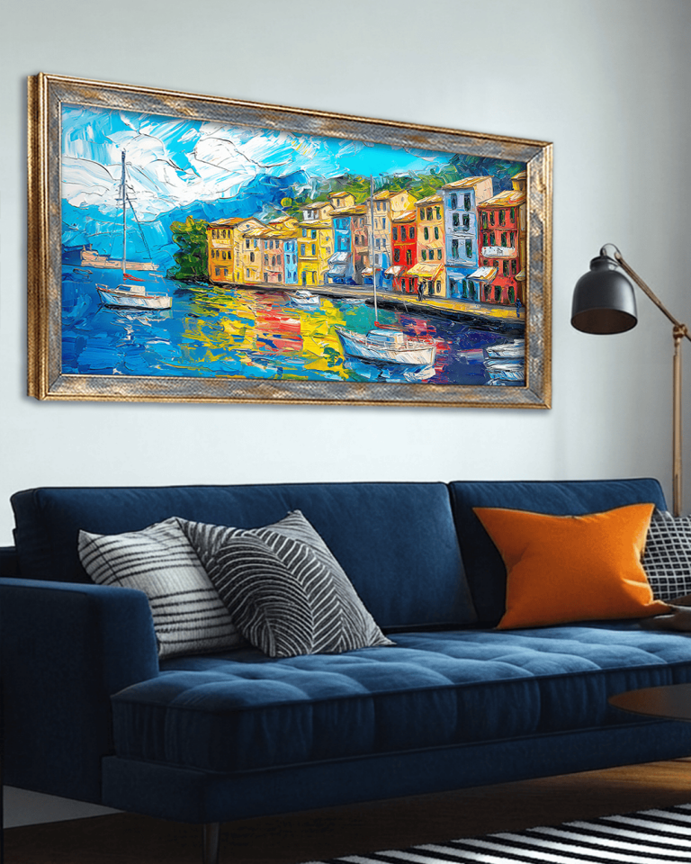 Renkli Sahil Evleri Premium Çerçeveli Tek Parça Tablo 65X110 cm PRM