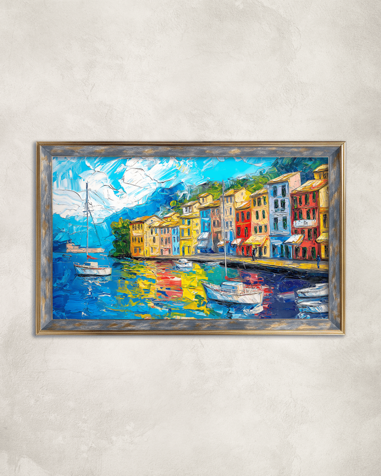 Renkli Sahil Evleri Premium Çerçeveli Tek Parça Tablo 65X110 cm PRM