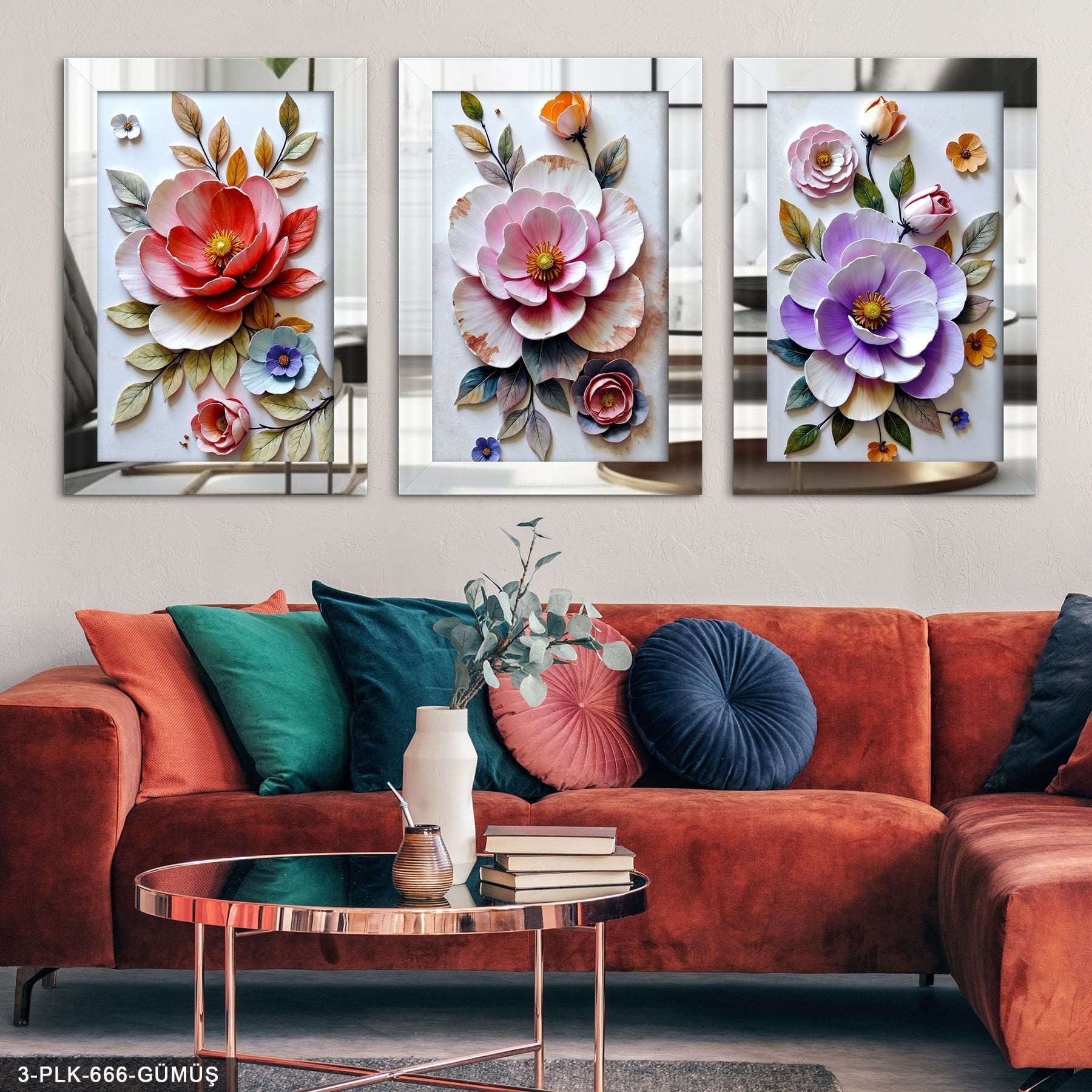 Renkli Çiçekler 3 Parça Pleksi Aynalı Tablo 60 x 80 CM - Gümüş
