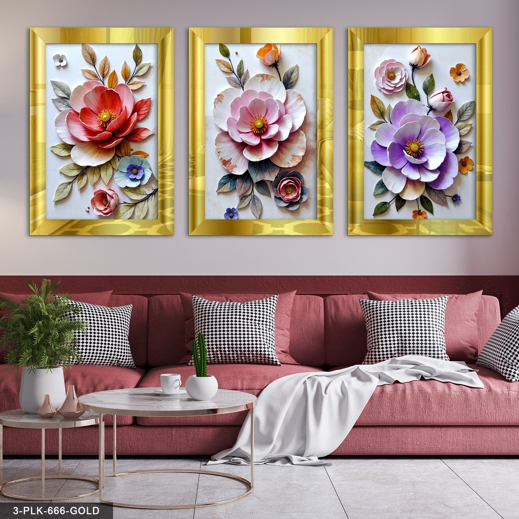 Renkli Çiçekler 3 Parça Pleksi Aynalı Tablo 60 x 80 CM - Gold