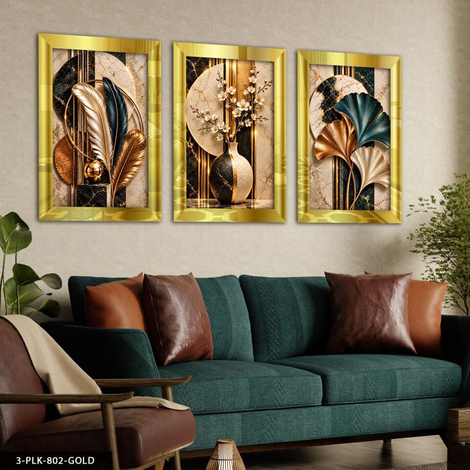 Renkli Tüy Yaprak ve Vazoda Zarif Çiçek 3 Parça Pleksi Aynalı Tablo 50 x 70 CM - Gold