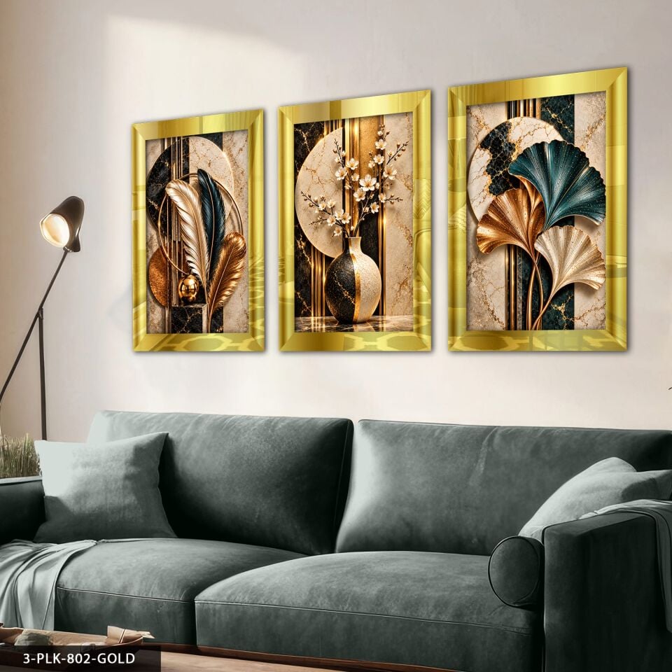 Renkli Tüy Yaprak ve Vazoda Zarif Çiçek 3 Parça Pleksi Aynalı Tablo 50 x 70 CM - Gold