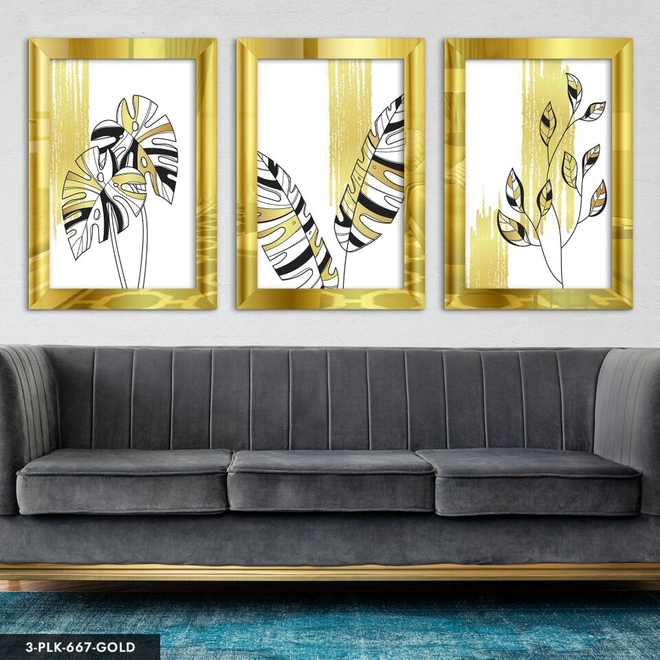 Gold Detaylı Minimalist Yaprak 3 Parça Pleksi Aynalı Tablo 60 x 80 CM - Gold
