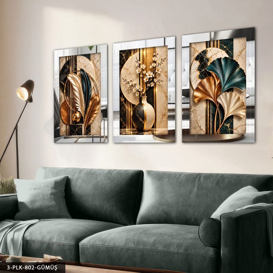 Renkli Tüy Yaprak ve Vazoda Zarif Çiçek 3 Parça Pleksi Aynalı Tablo Gümüş - 30 x 40 CM