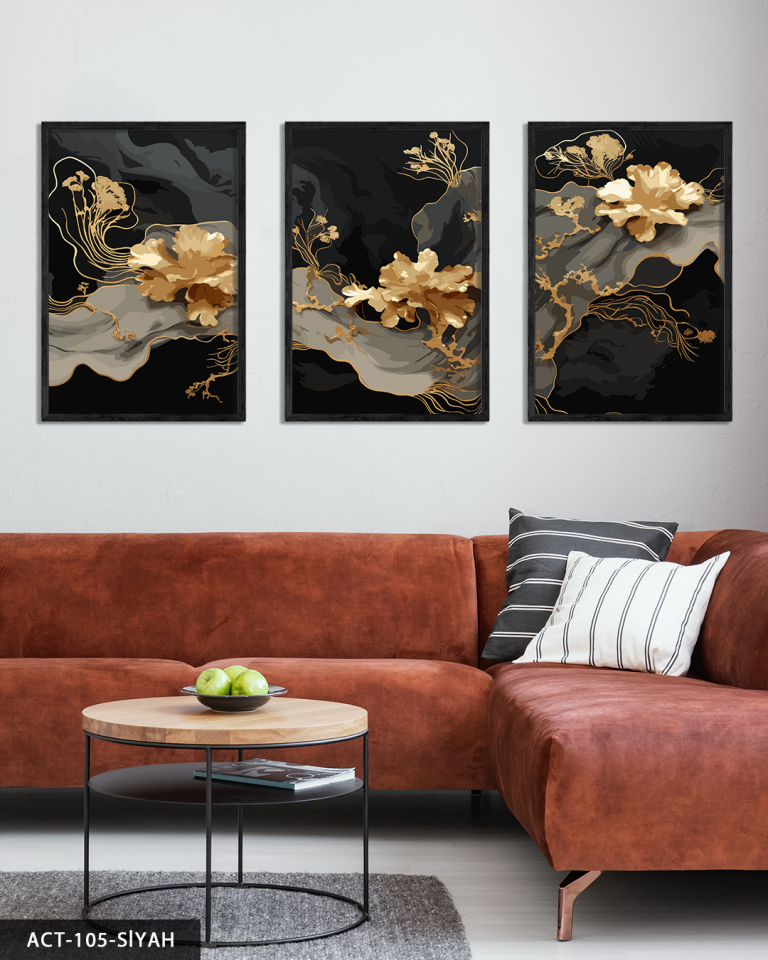 Boho Tarzı Gold Çiçek 3 Parça Ahşap Çerçeveli Tablo ACT Siyah - 40 x 60 CM