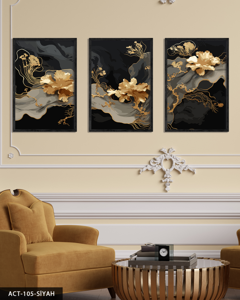 Boho Tarzı Gold Çiçek 3 Parça Ahşap Çerçeveli Tablo ACT Siyah - 40 x 60 CM