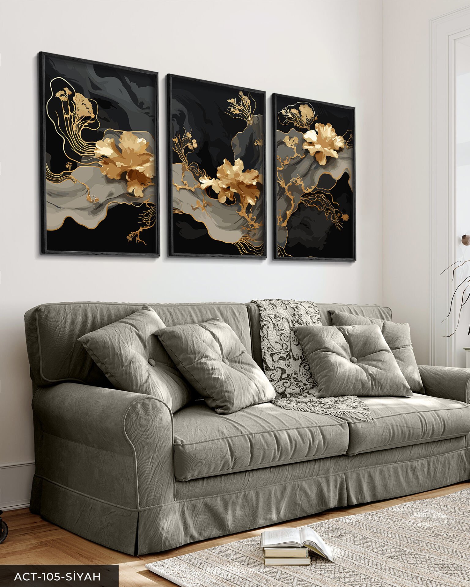 Boho Tarzı Gold Çiçek 3 Parça Ahşap Çerçeveli Tablo ACT Siyah - 40 x 60 CM