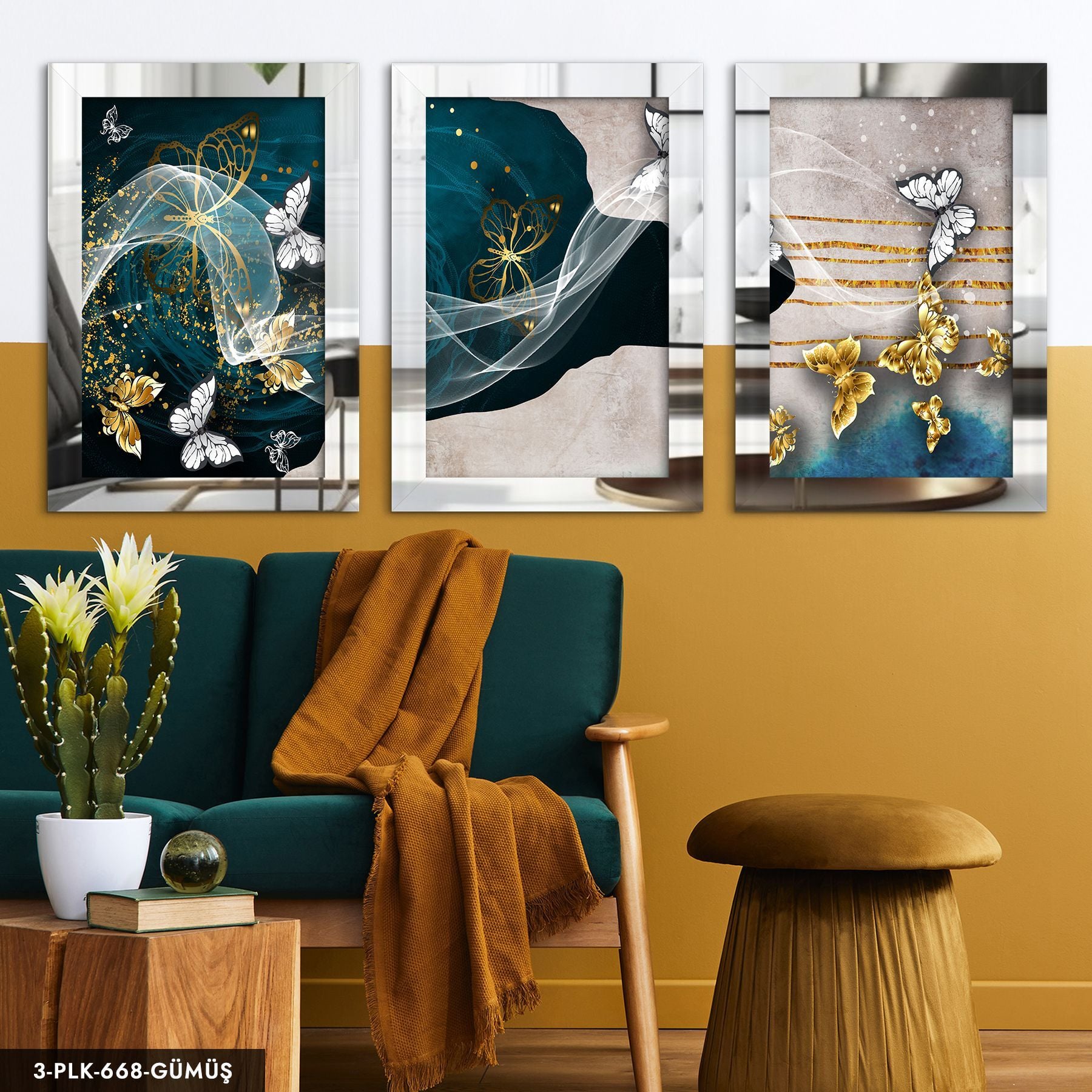 Gold ve Beyaz Kelebek 3 Parça Pleksi Aynalı Tablo 60 x 80 CM - Gümüş