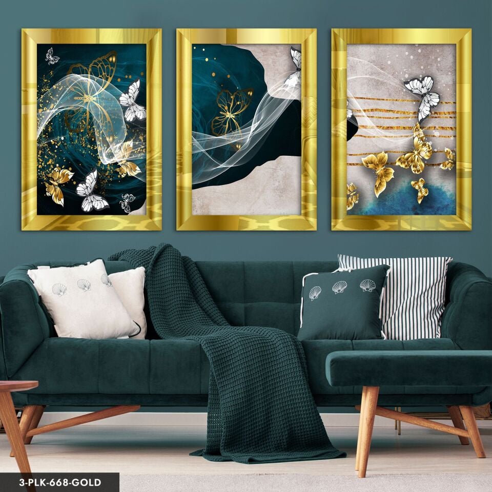 Gold ve Beyaz Kelebek 3 Parça Pleksi Aynalı Tablo 60 x 80 CM - Gold