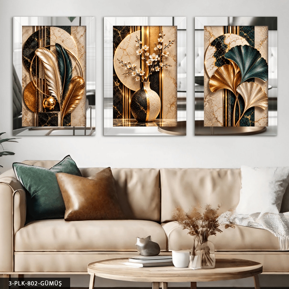 Renkli Tüy Yaprak ve Vazoda Zarif Çiçek 3 Parça Pleksi Aynalı Tablo Gümüş - 40 x 60 CM