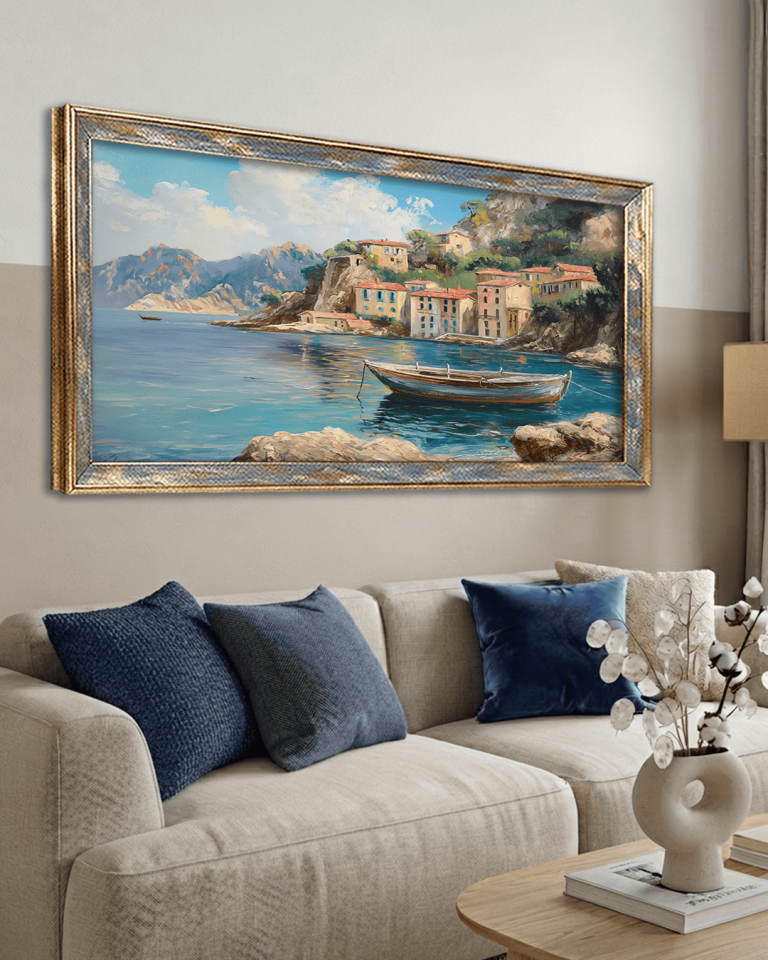 Sahil Kasabası Premium Çerçeveli Tek Parça Tablo 65X110 cm PRM