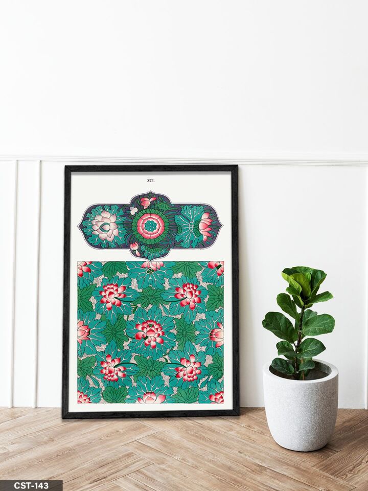 Yeşil Fonlu Çiçek Desen Tek Parça Ahşap Çerçeveli Tablo Siyah - 20 x 30 CM