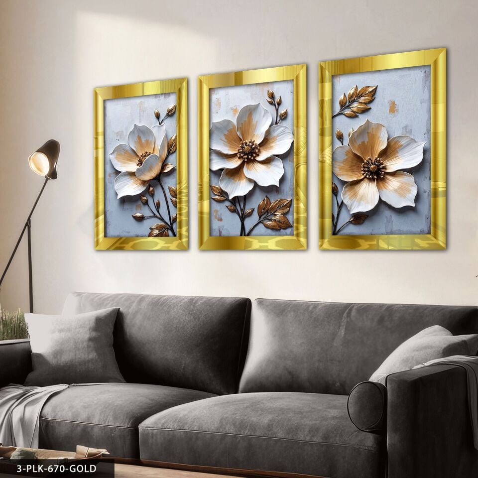 Dokulu Görünüm Beyaz Çiçek 3 Parça Pleksi Aynalı Tablo 60 x 80 CM - Gold