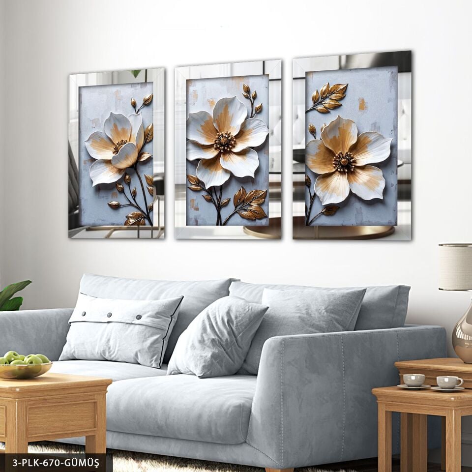 Dokulu Görünüm Beyaz Çiçek 3 Parça Pleksi Aynalı Tablo 60 x 80 CM - Gümüş