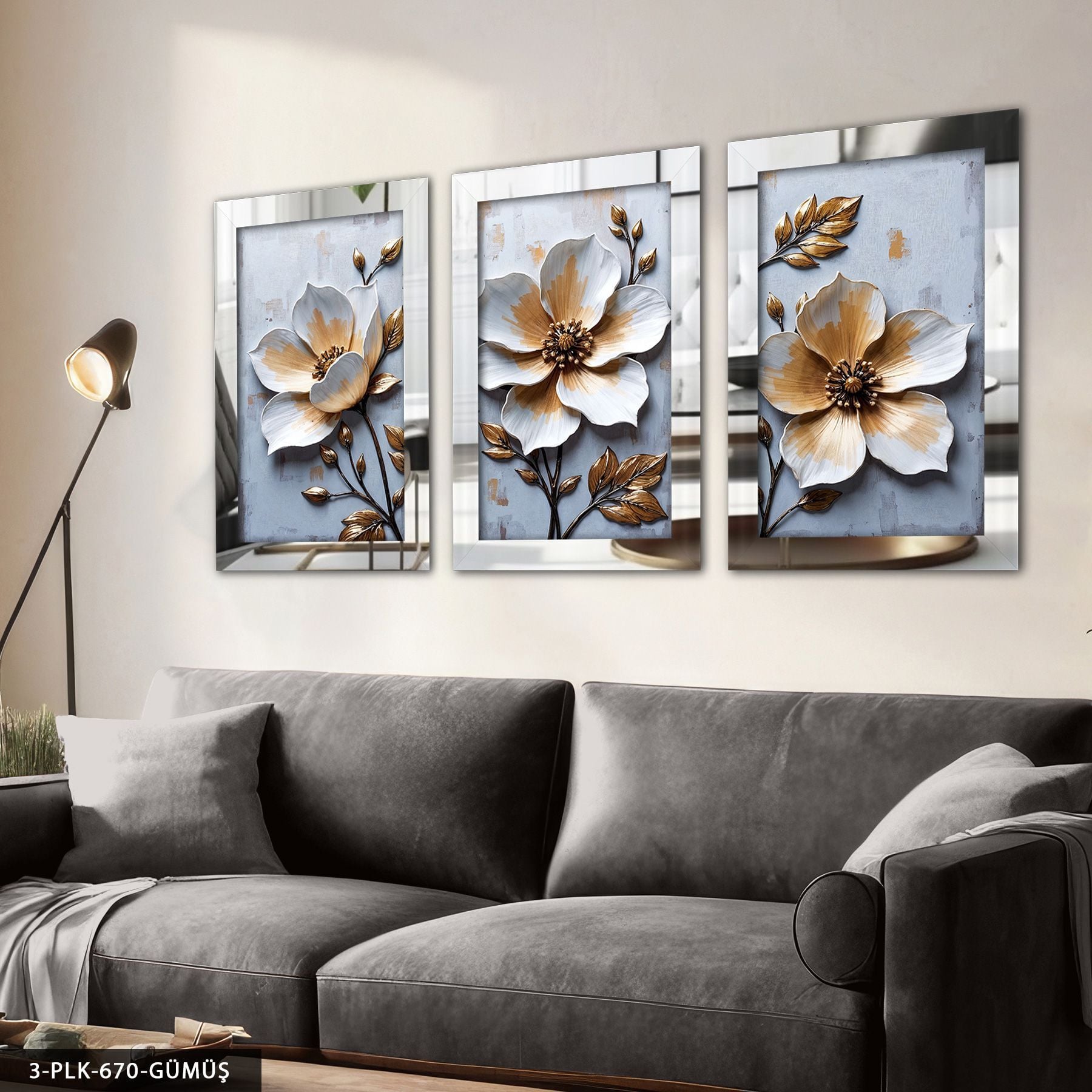 Dokulu Görünüm Beyaz Çiçek 3 Parça Pleksi Aynalı Tablo 60 x 80 CM - Gümüş