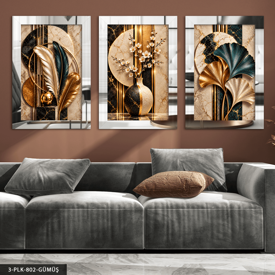 Renkli Tüy Yaprak ve Vazoda Zarif Çiçek 3 Parça Pleksi Aynalı Tablo Gümüş - 50 x 70 CM