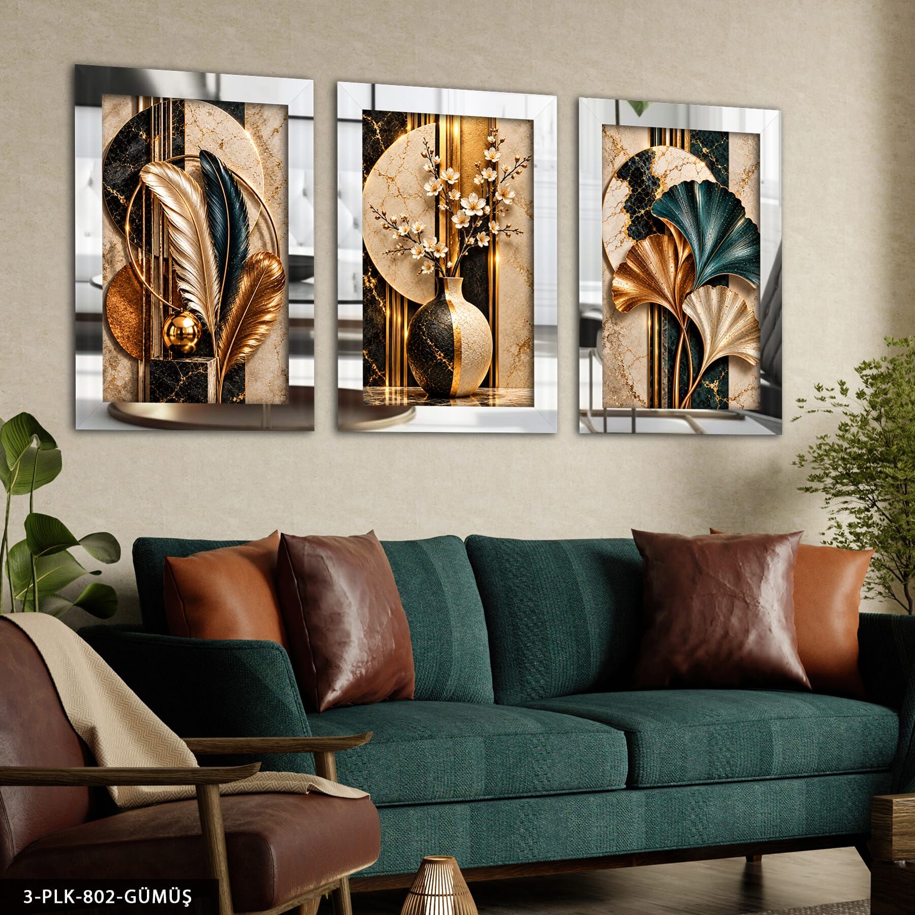 Renkli Tüy Yaprak ve Vazoda Zarif Çiçek 3 Parça Pleksi Aynalı Tablo Gümüş - 50 x 70 CM