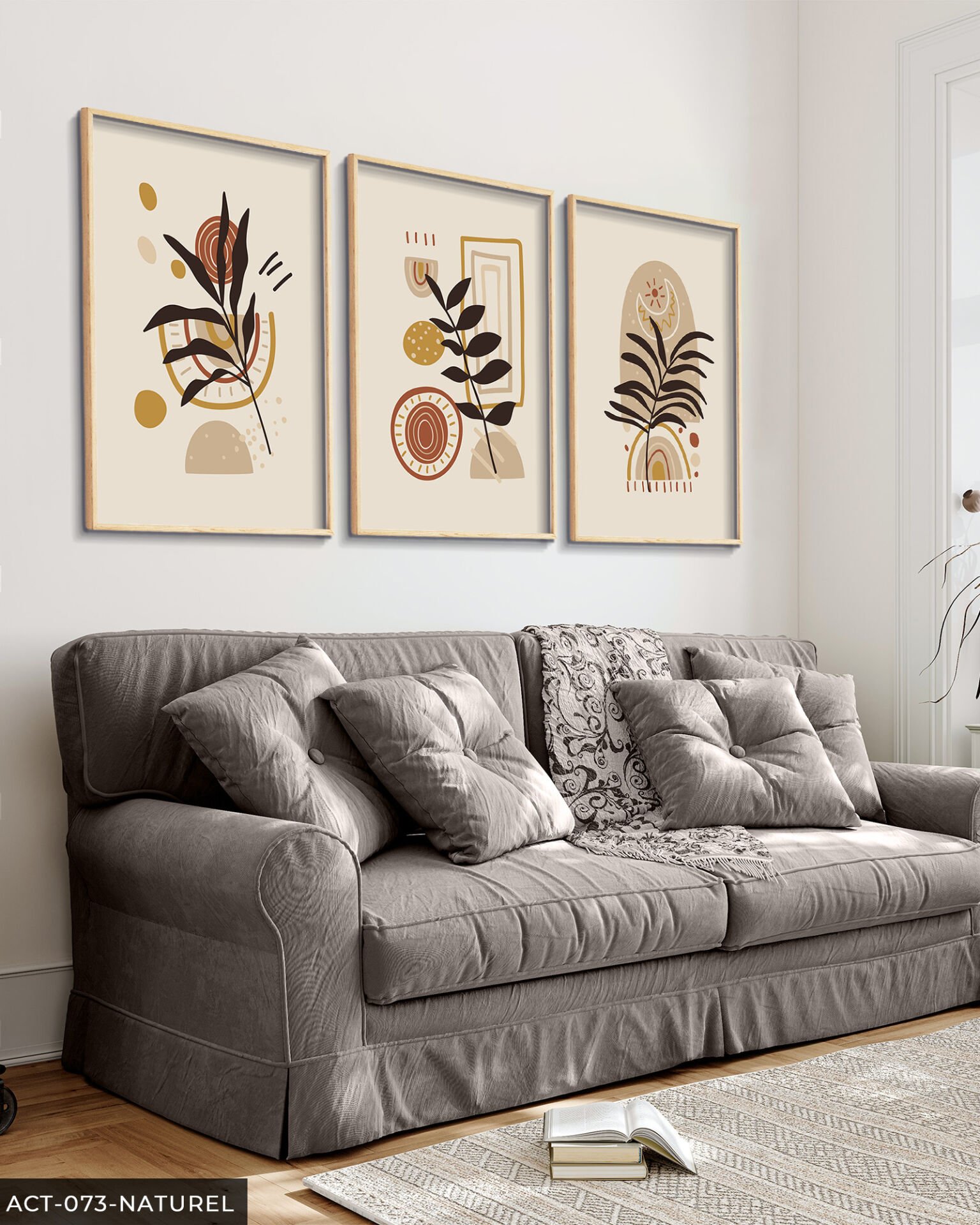 Yapraklar 3 Parça Ahşap Çerçeveli Tablo Naturel - 30 x 40 CM