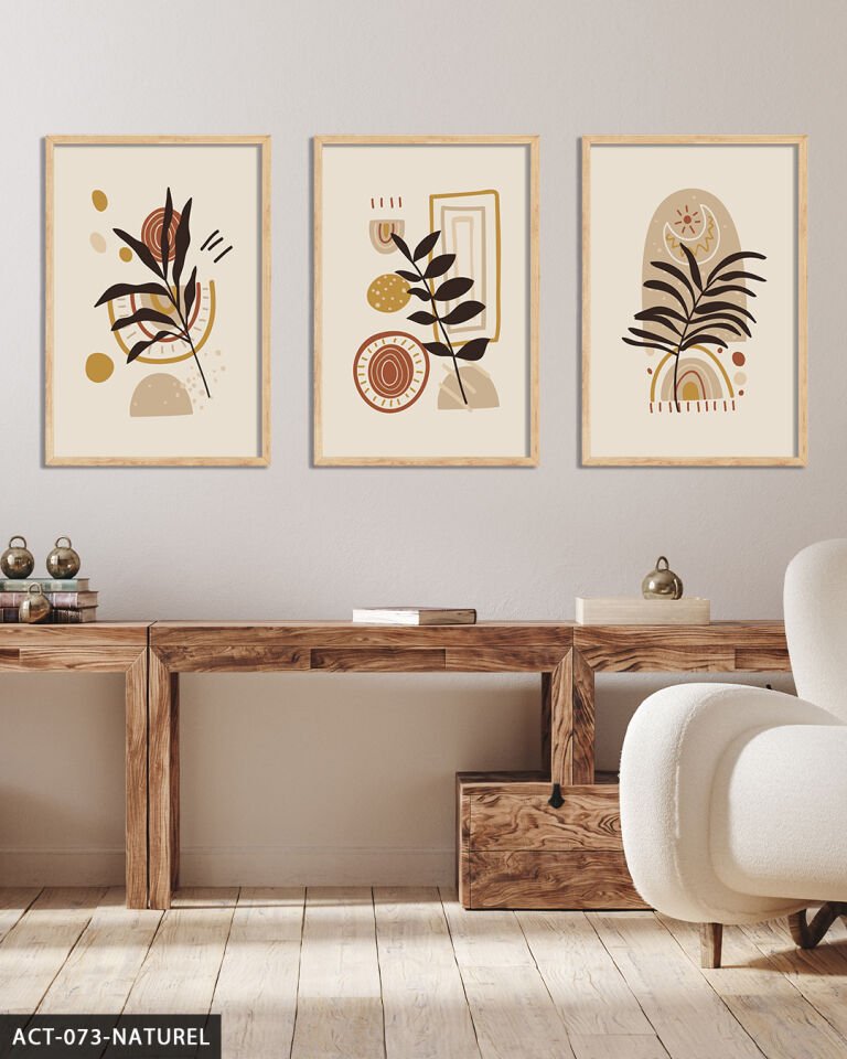 Yapraklar 3 Parça Ahşap Çerçeveli Tablo Naturel - 30 x 40 CM