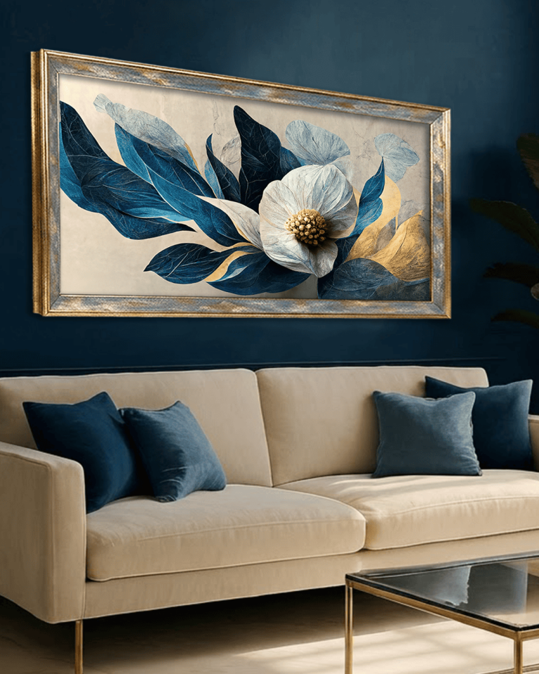 Çok Yapraklı Mavi Çiçek Premium Çerçeveli Tek Parça Tablo 65X110 cm PRM