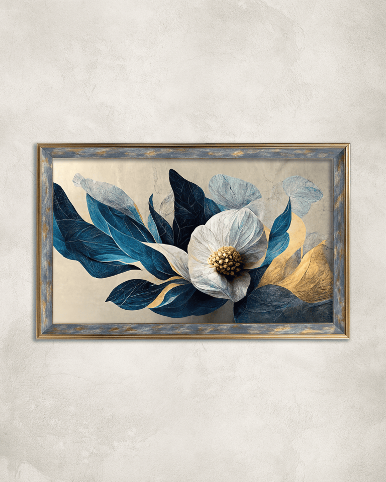 Çok Yapraklı Mavi Çiçek Premium Çerçeveli Tek Parça Tablo 65X110 cm PRM