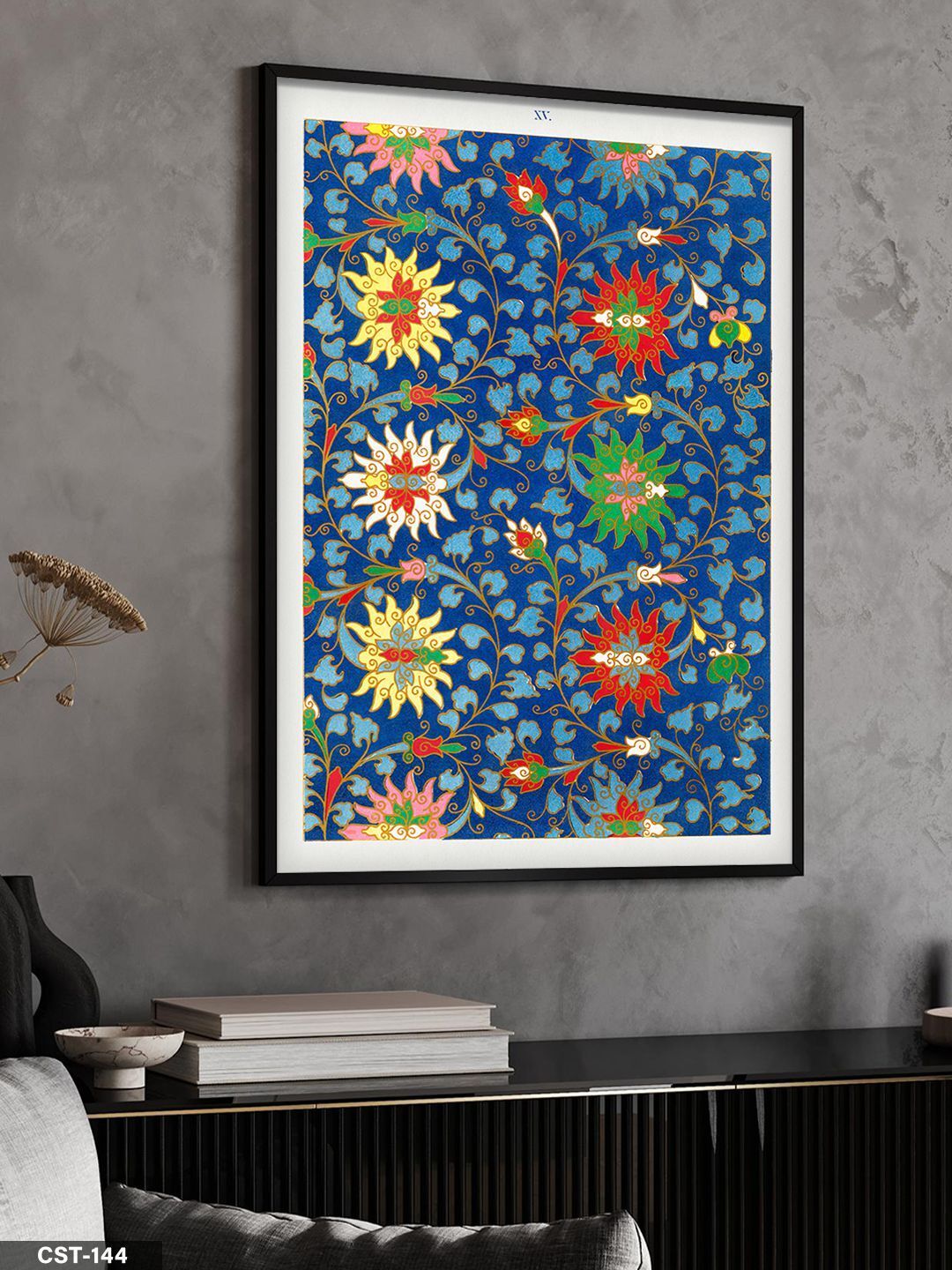 Mavi Fonlu Yıldızlı Çiçek Desen Tek Parça Ahşap Çerçeveli Tablo Siyah - 20 x 30 CM