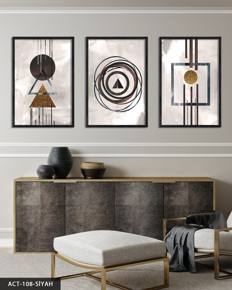 Sulu Boya Görünümlü Soyut Sanat 3 Parça Ahşap Çerçeveli Tablo ACT Siyah - 40 x 60 CM