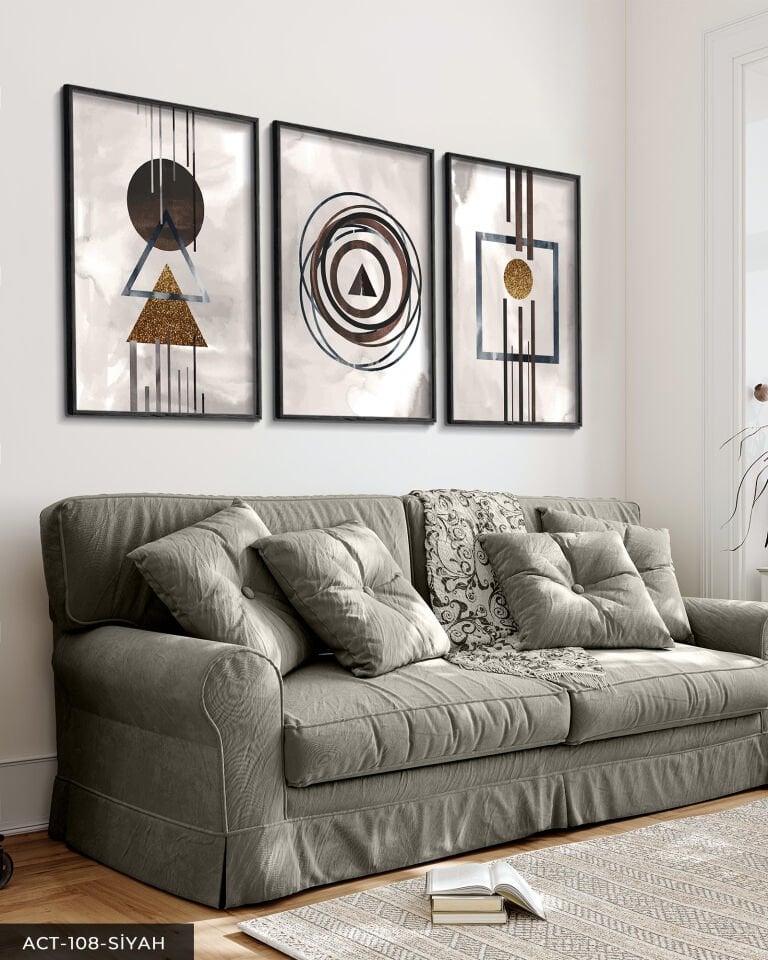 Sulu Boya Görünümlü Soyut Sanat 3 Parça Ahşap Çerçeveli Tablo ACT Siyah - 40 x 60 CM