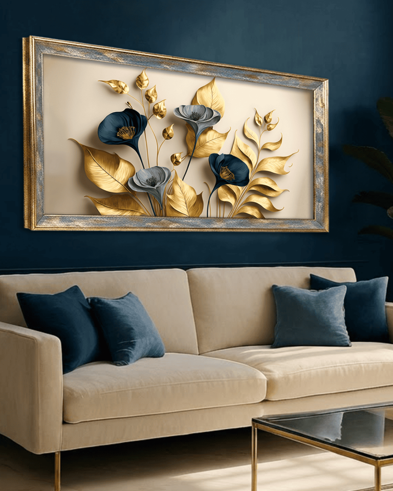 Zarif Altın ve Mavi Çiçekler İle Dallar  Premium Çerçeveli Tek Parça Tablo 65X110 cm PRM