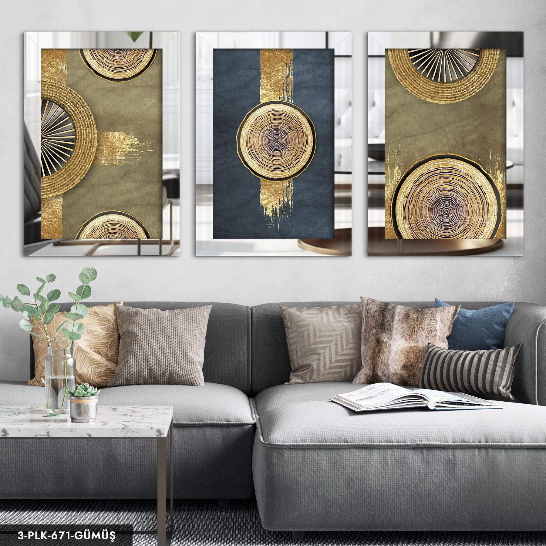 Gold Dairesel Soyut Sanat 3 Parça Pleksi Aynalı Tablo 60 x 80 CM - Gümüş