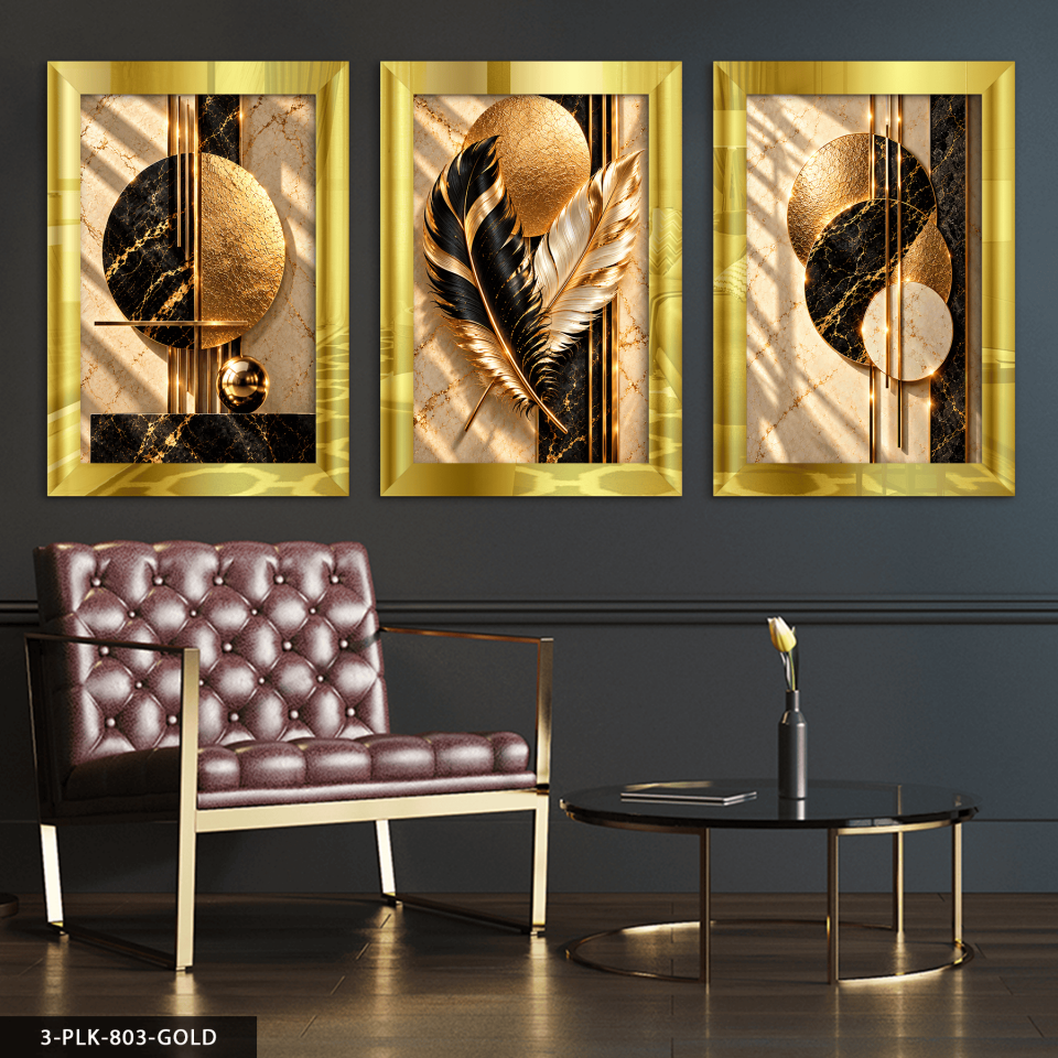 Gold Siyah Daireler ve Tüy 3 Parça Pleksi Aynalı Tablo 30 x 40 CM - Gold