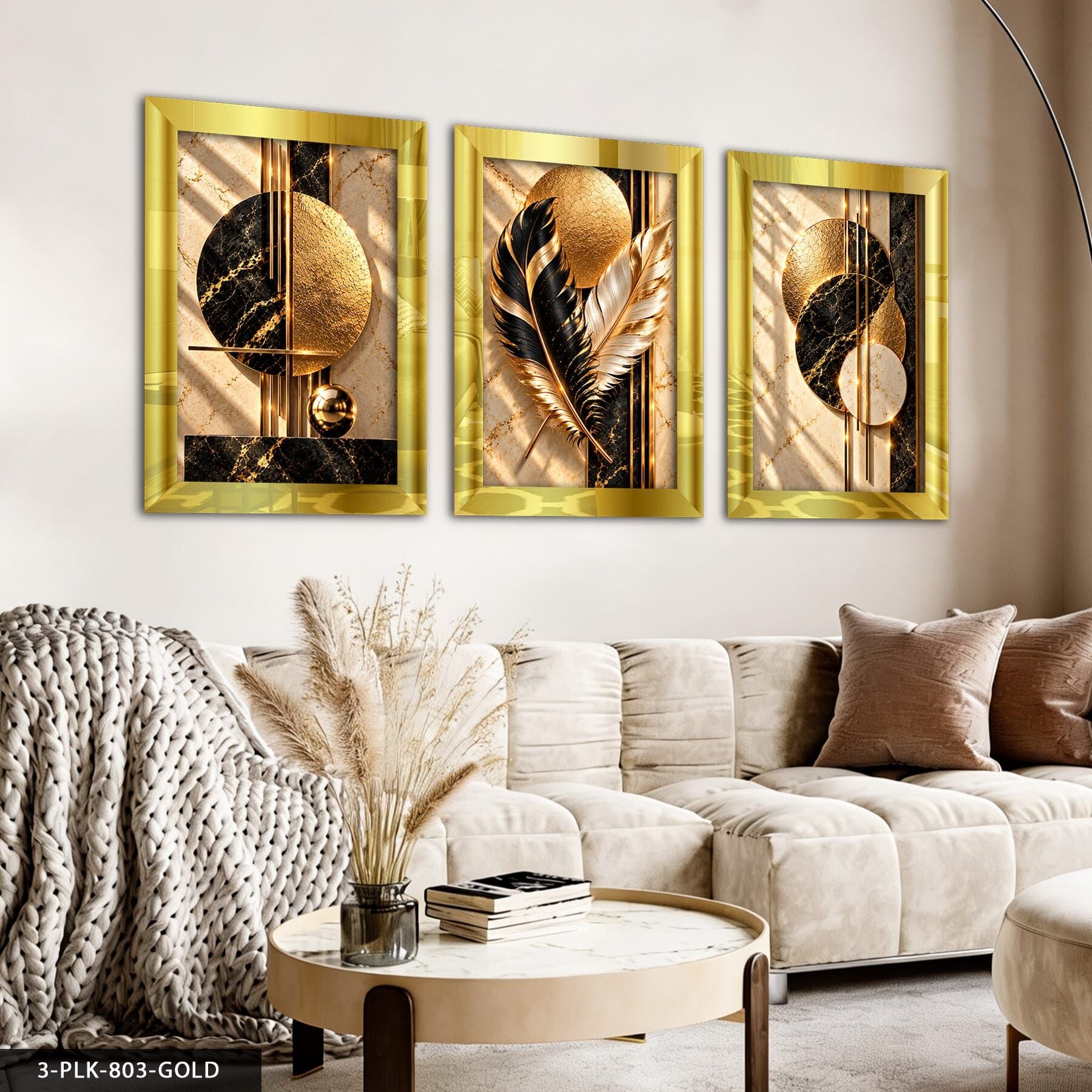 Gold Siyah Daireler ve Tüy 3 Parça Pleksi Aynalı Tablo 30 x 40 CM - Gold