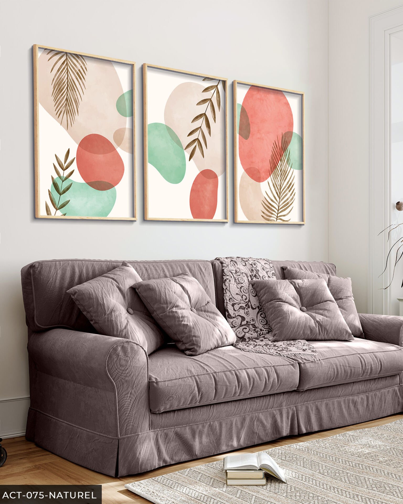 Renkli Soyut Desen 3 Parça Ahşap Çerçeveli Tablo Naturel - 30 x 40 CM
