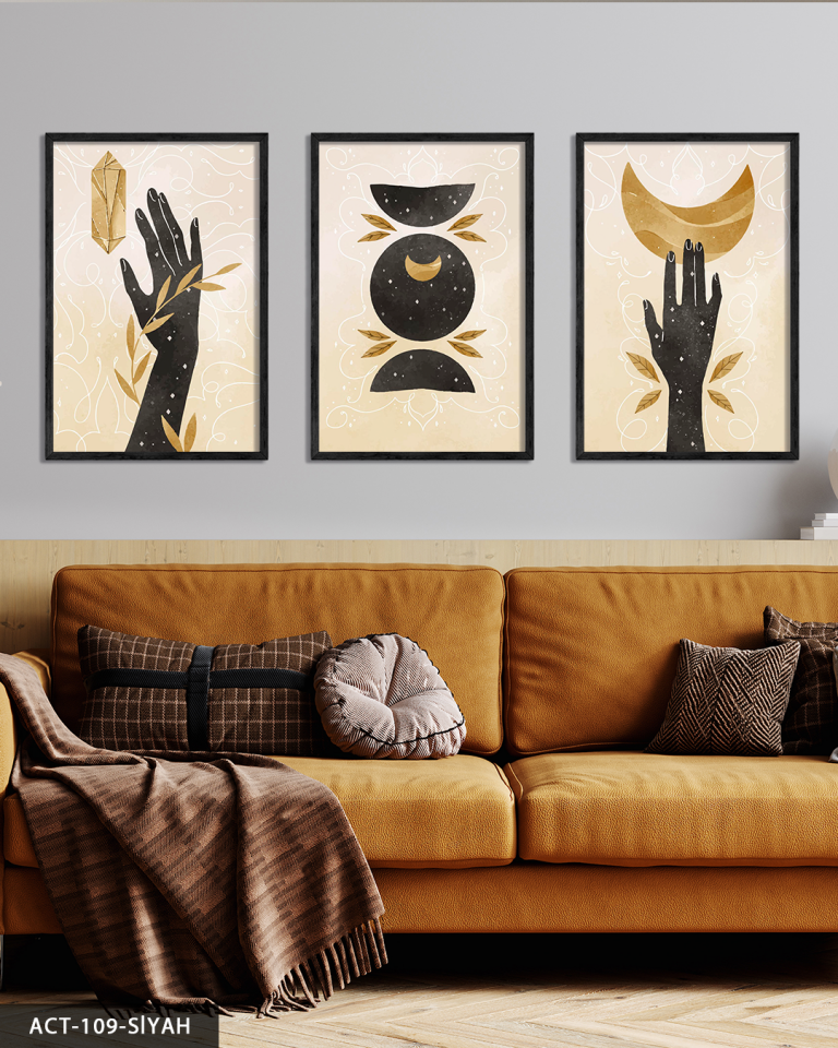 Sulu Boya Görünümlü Boho Tarz 3 Parça Ahşap Çerçeveli Tablo ACT Siyah - 40 x 60 CM