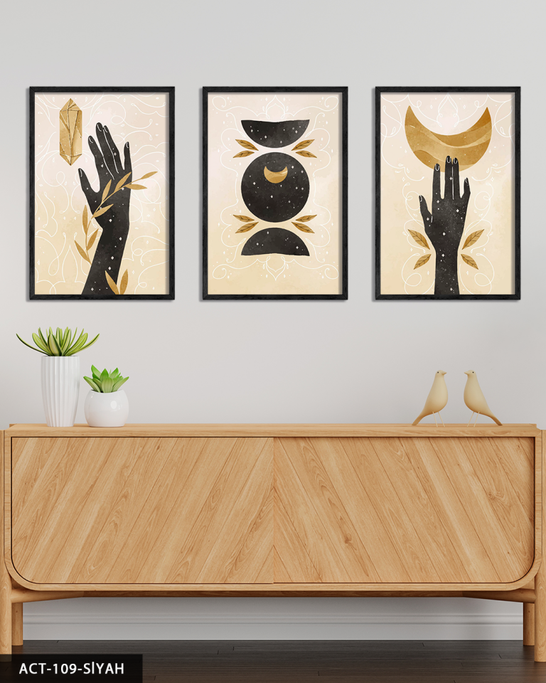 Sulu Boya Görünümlü Boho Tarz 3 Parça Ahşap Çerçeveli Tablo ACT Siyah - 40 x 60 CM