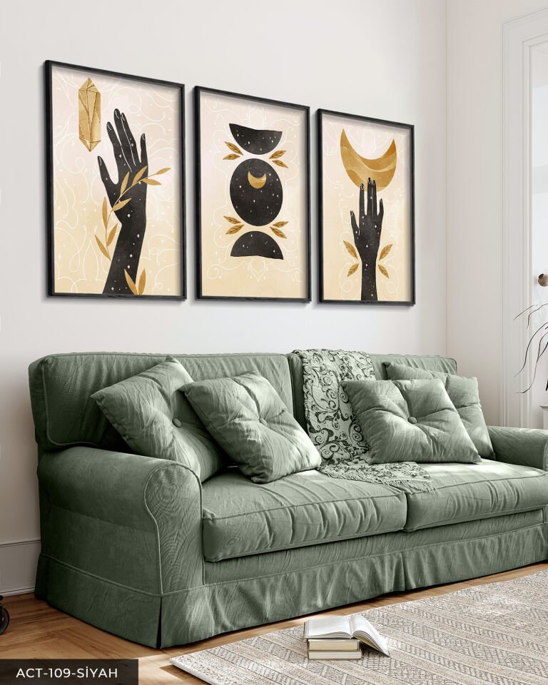 Sulu Boya Görünümlü Boho Tarz 3 Parça Ahşap Çerçeveli Tablo ACT Siyah - 40 x 60 CM