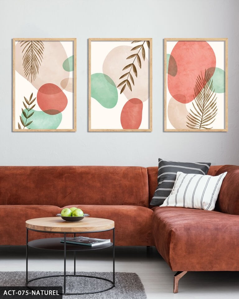 Renkli Soyut Desen 3 Parça Ahşap Çerçeveli Tablo Naturel - 30 x 40 CM