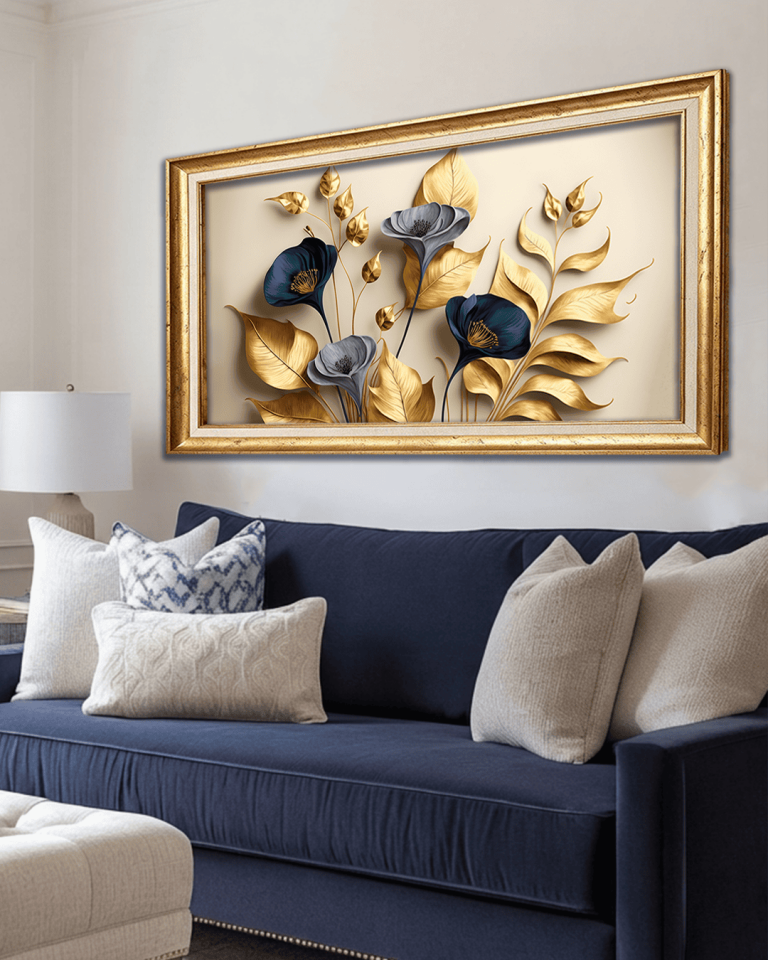Zarif Altın ve Mavi Çiçekler İle Dallar  Premium Çerçeveli Tek Parça Tablo 65X110 cm PRM Gold