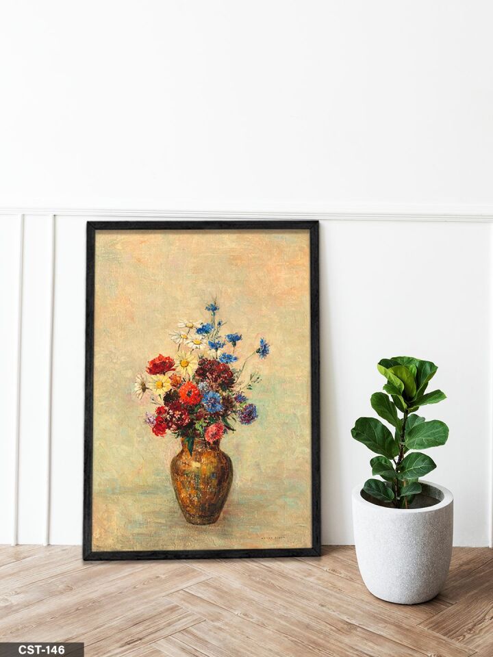 Renkli Çiçekli Vazo Tek Parça Ahşap Çerçeveli Tablo Siyah - 20 x 30 CM