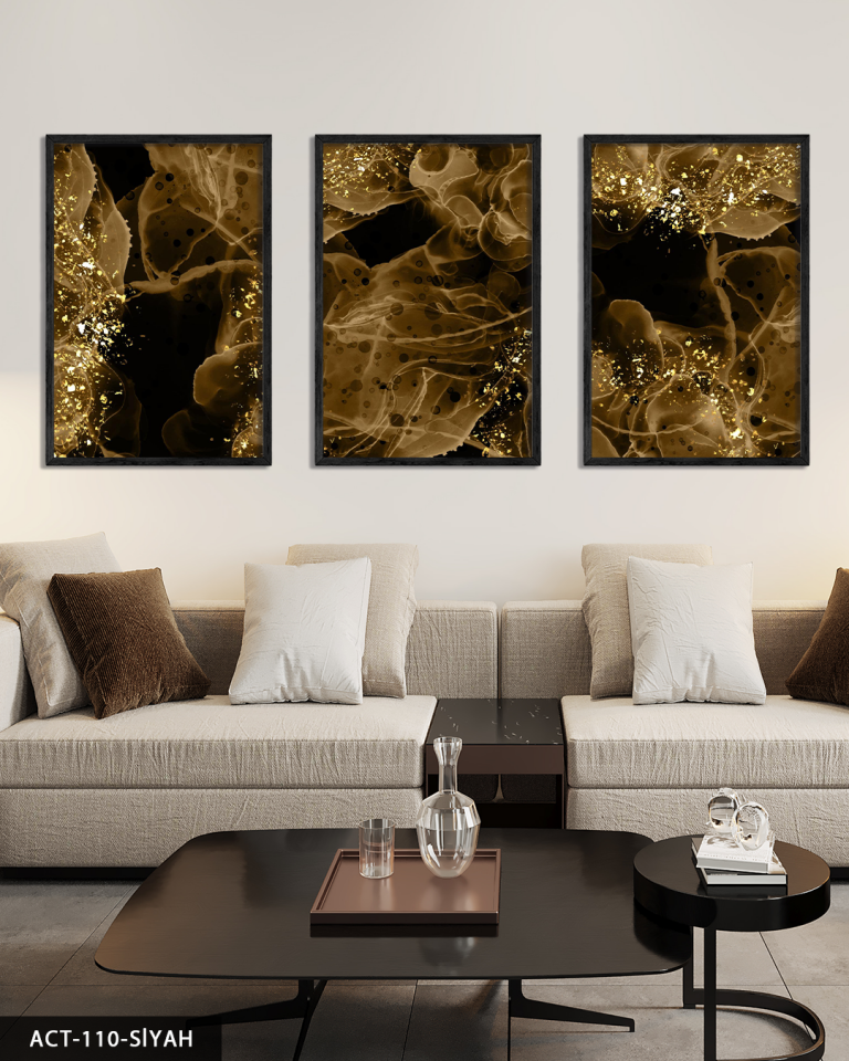 Gold Detaylı Şekiller 3 Parça Ahşap Çerçeveli Tablo ACT Siyah - 40 x 60 CM
