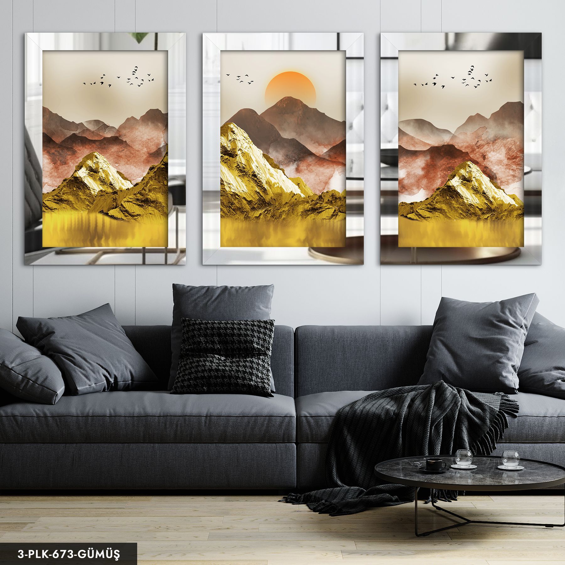 Gold Dağ ve Kuşlar 3 Parça Pleksi Aynalı Tablo 60 x 80 CM - Gümüş