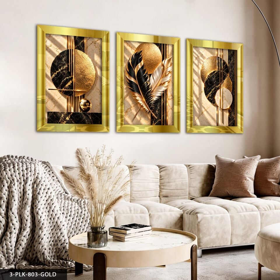 Gold Siyah Daireler ve Tüy 3 Parça Pleksi Aynalı Tablo 50 x 70 CM - Gold