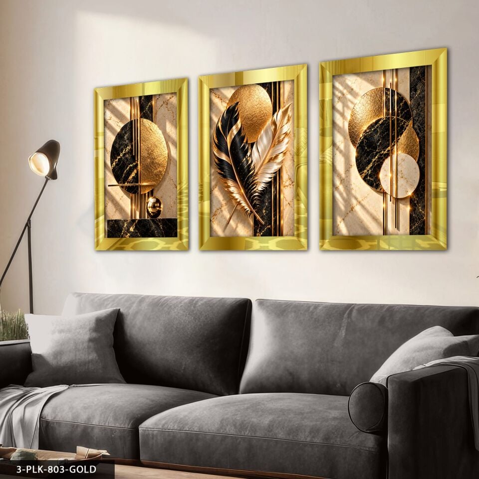 Gold Siyah Daireler ve Tüy 3 Parça Pleksi Aynalı Tablo 50 x 70 CM - Gold