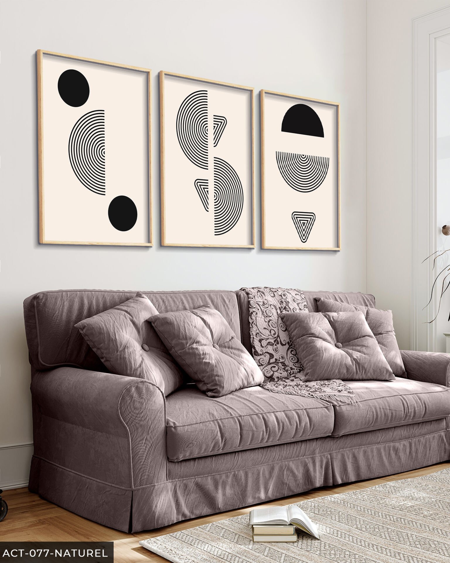 Soyut Geometrik Desenler 3 Parça Ahşap Çerçeveli Tablo Naturel - 30 x 40 CM
