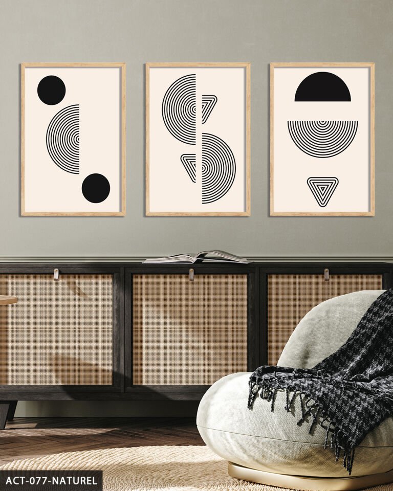 Soyut Geometrik Desenler 3 Parça Ahşap Çerçeveli Tablo Naturel - 30 x 40 CM